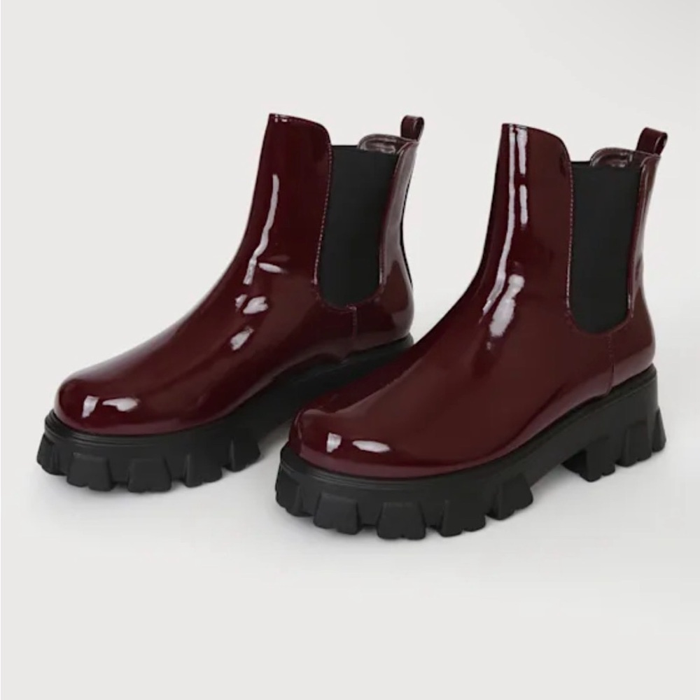 Lulu's Lordez Oxblood Burgundy Patent Platform Chelsea Ankle Boots